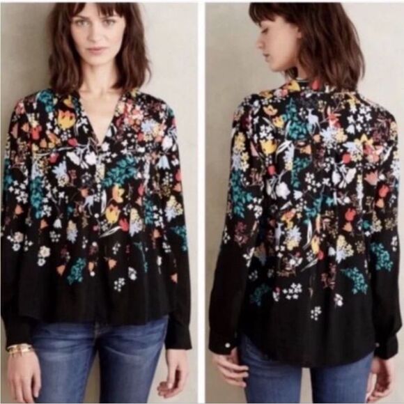 Maeve Anthro Dark Floral Woodland Animal Blouse Size 2 - Picture 12 of 12